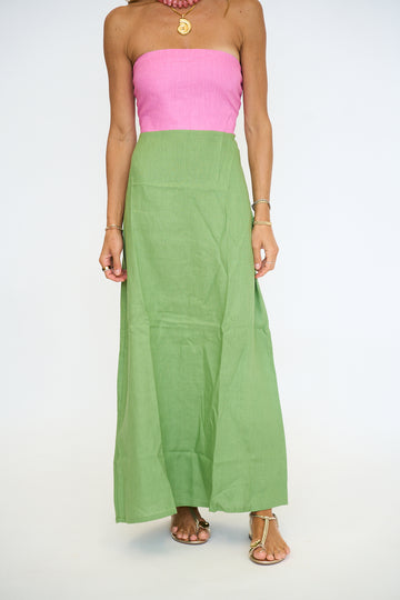 Linen Colorblock Strapless Maxi Dress