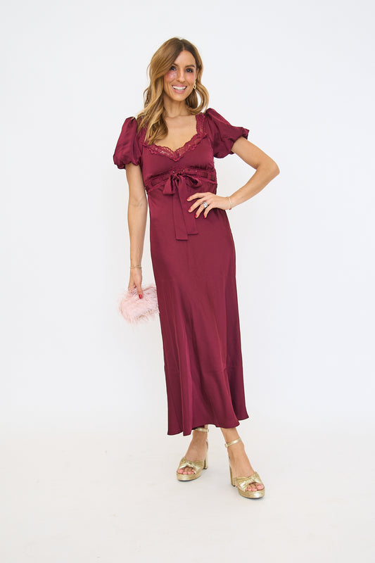 Satin Puff Sleeve Lace Trim Maxi Dress