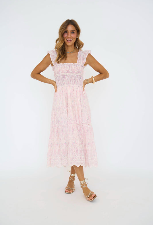 Whimsical Lace Flutter Sleeve Midi Dress