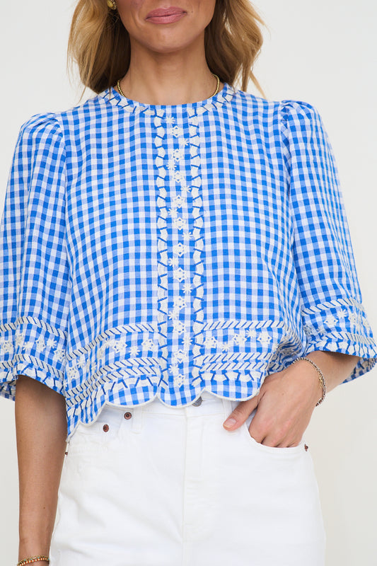 Short Sleeve Gingham Embroidery Detail Top