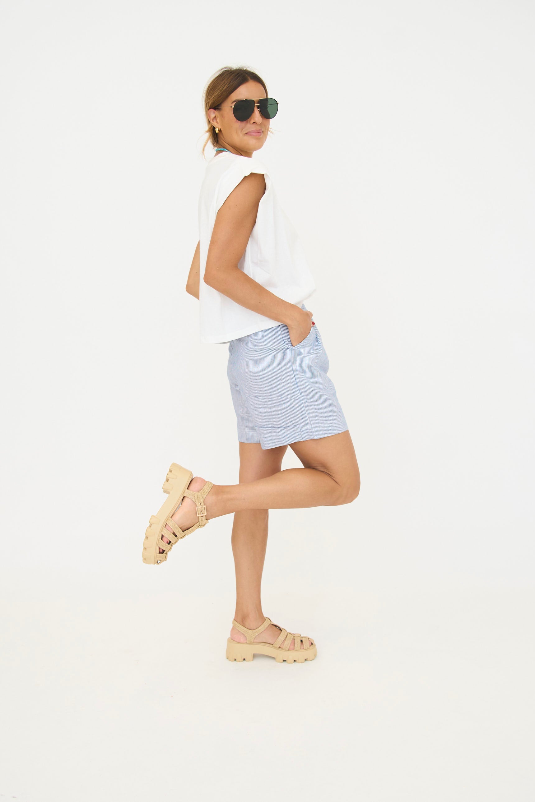 Pinstripe Long Linen Shorts