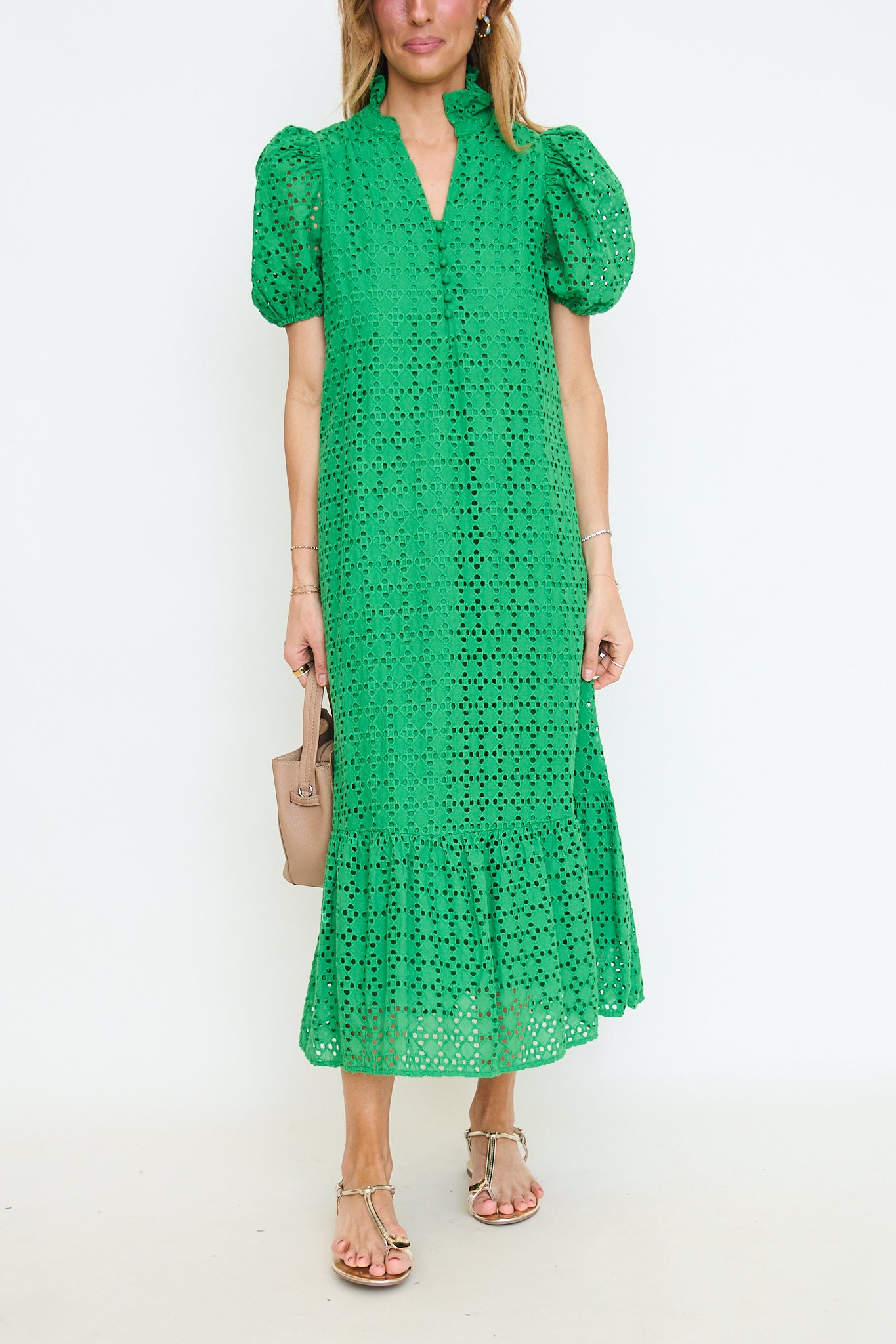 eyelet puff sleeve midi dress Eyelet Puff Sleeve Midi Dress