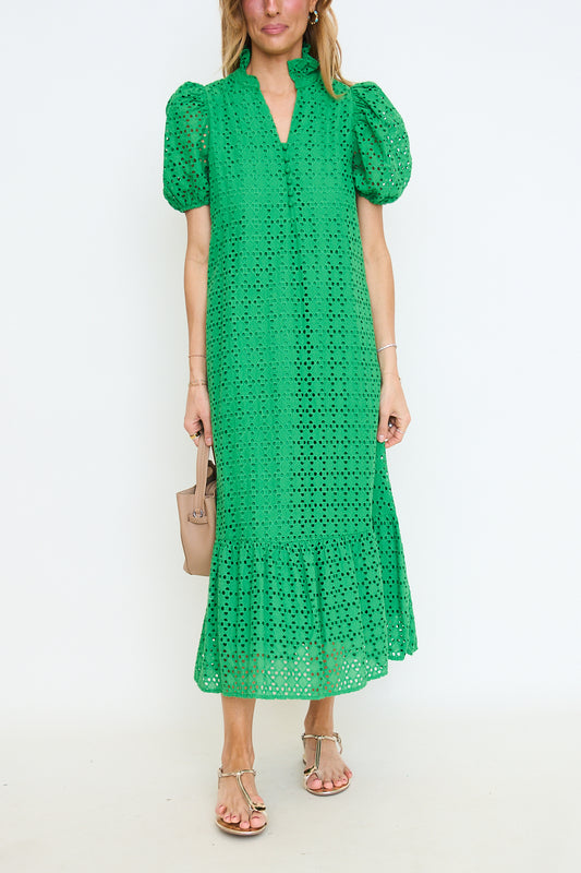 Eyelet Puff Sleeve Midi Dress