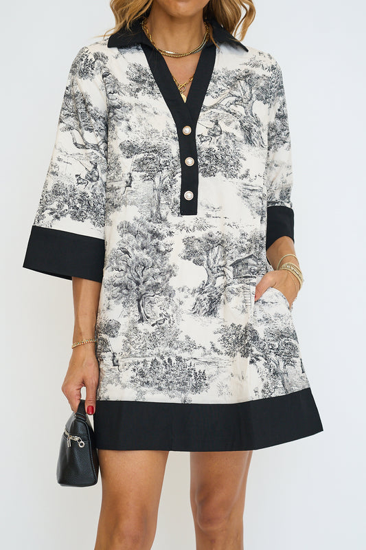 Black Toile Print Mini Dress