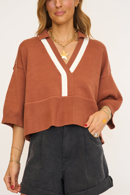 V-Neck Collar Trim Sweater Top