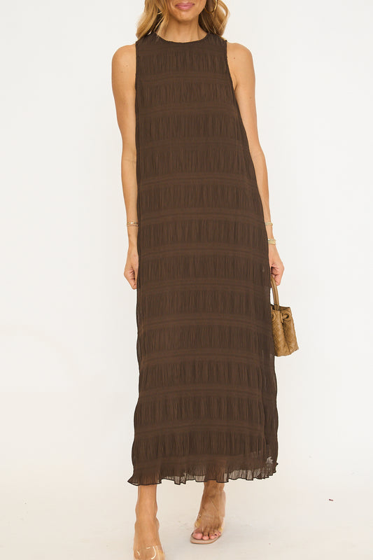 Pleated Chiffon Dress - Chocolate Brown