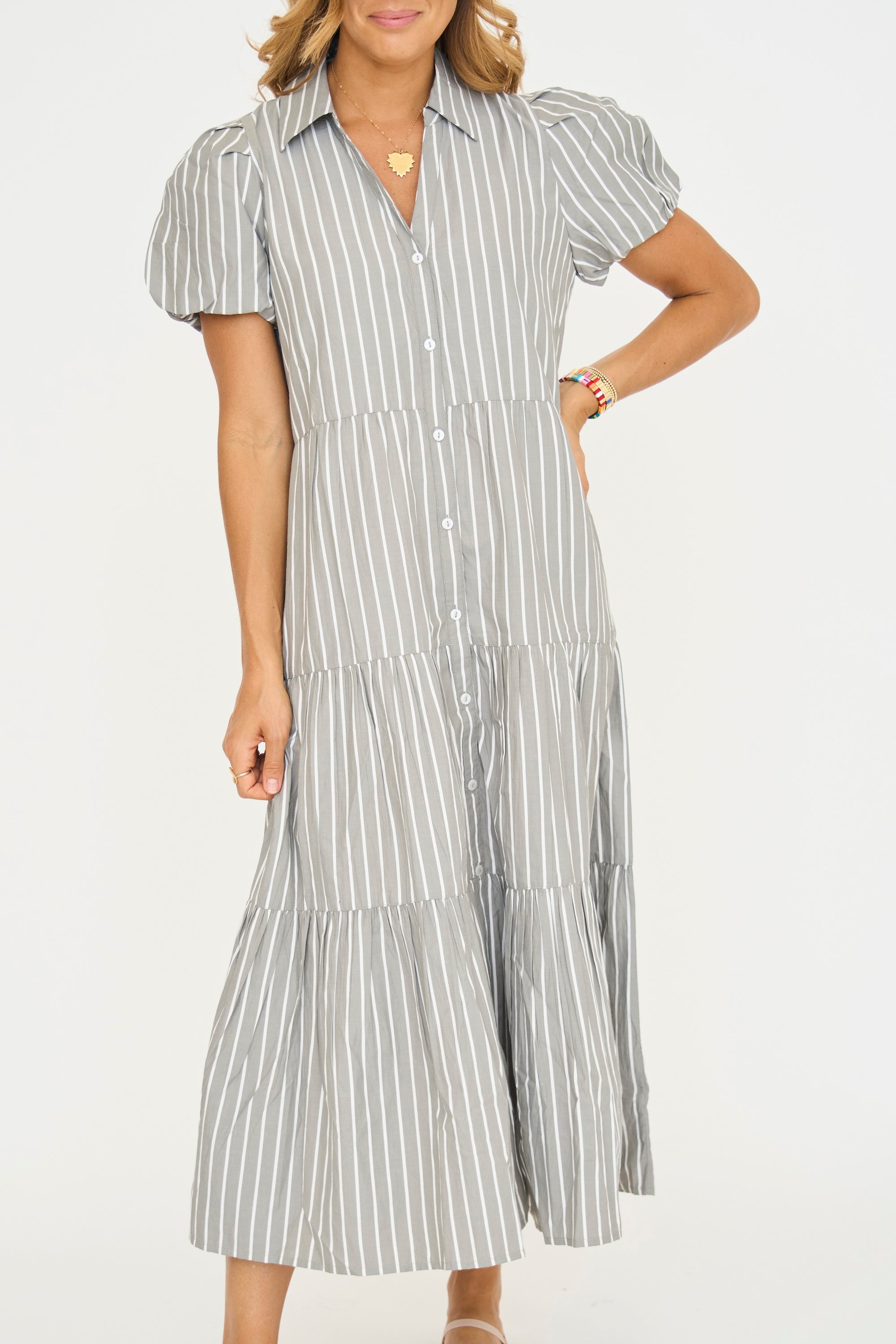 Grey Pinstripe Midi Dress