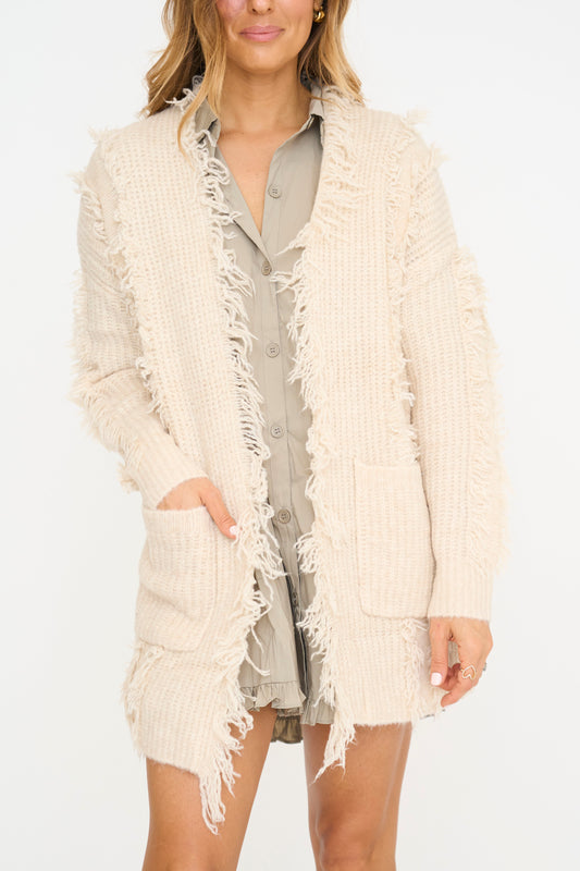 Ecru Boho Distressed Cardigan with Front Pockets