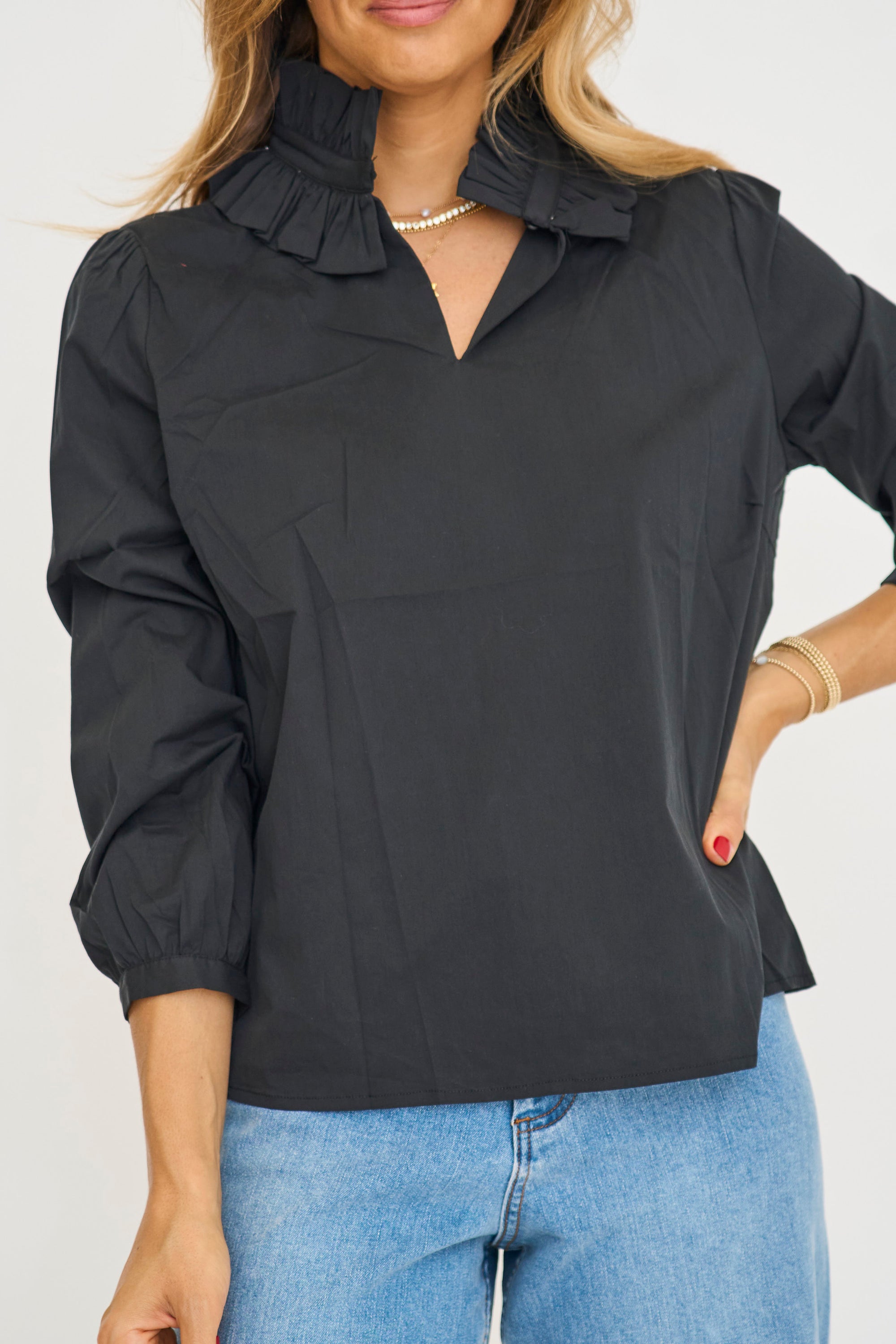 Solid Black Poplin Vneck Blouse