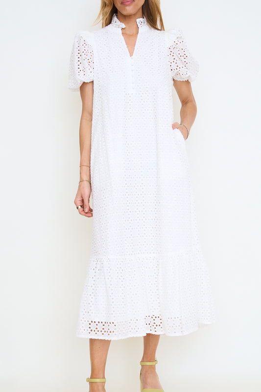 Eyelet Puff Sleeve Midi Dress