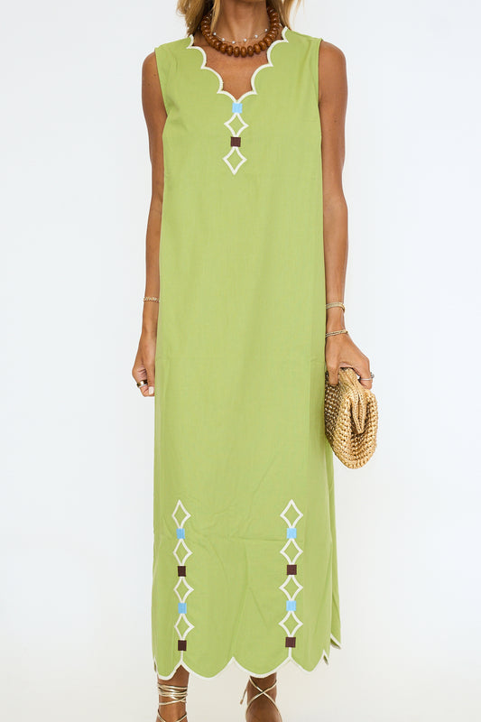 Green Embroidered V-Neck Scallop Dress