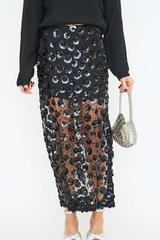 Flower Sequin Sheer Midi Skirt