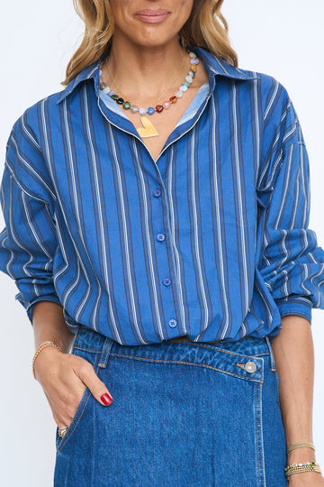 Stripe Button-Up Drawstring Shirt