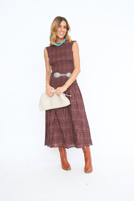 Smocked Drop Waist Plaid Midi Dress