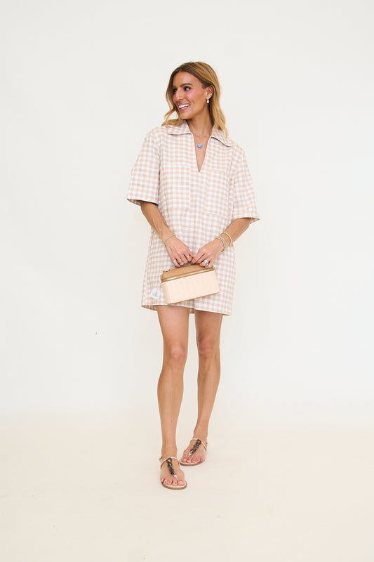 Check Denim V-neck Pocket Dress