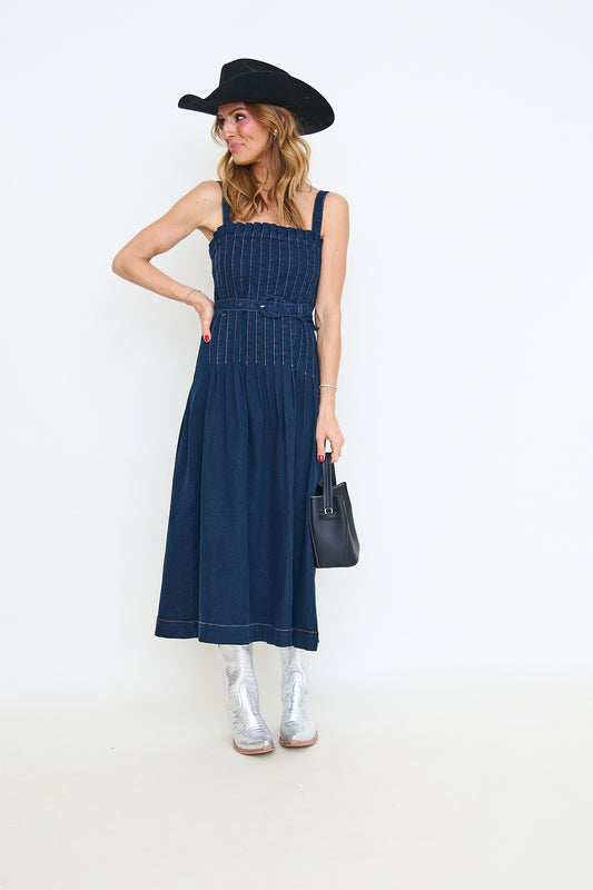 Spaghetti Strap Belted Denim Midi Dress