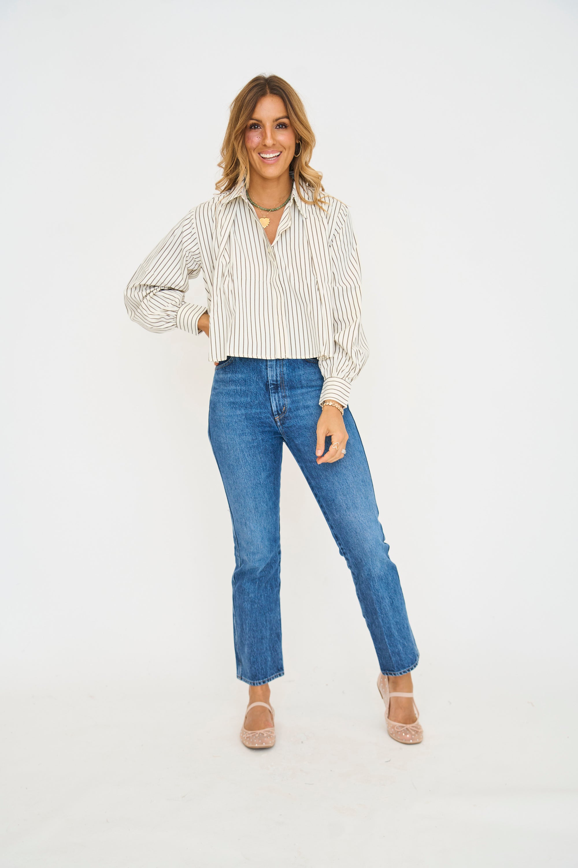 Cocoa Stripe Cropped Pleated Button Down