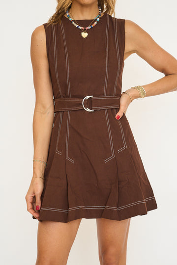 Contrast Topstitching Front Pleats Detail Dress