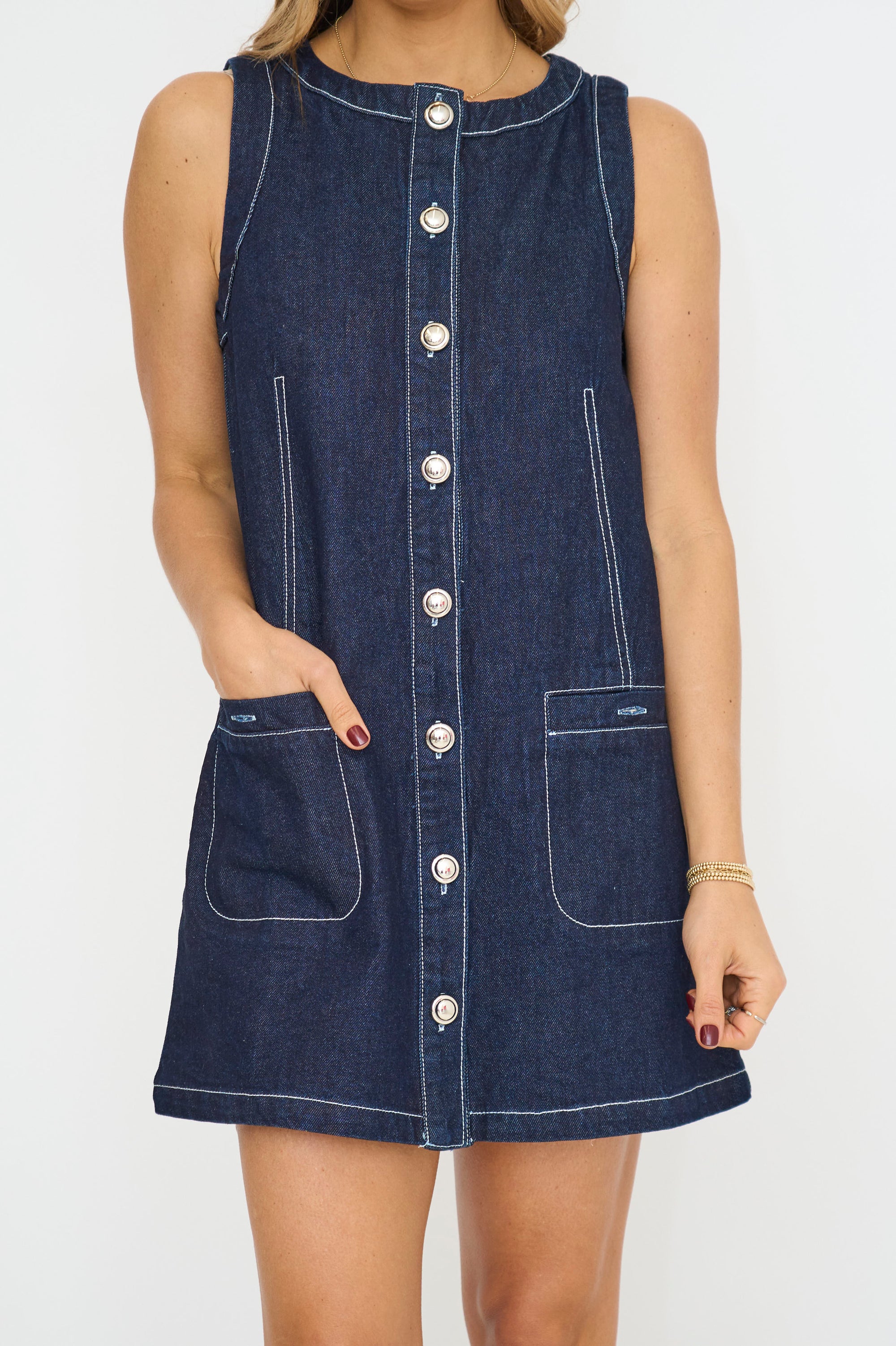 Denim Silver Button Mini Dress