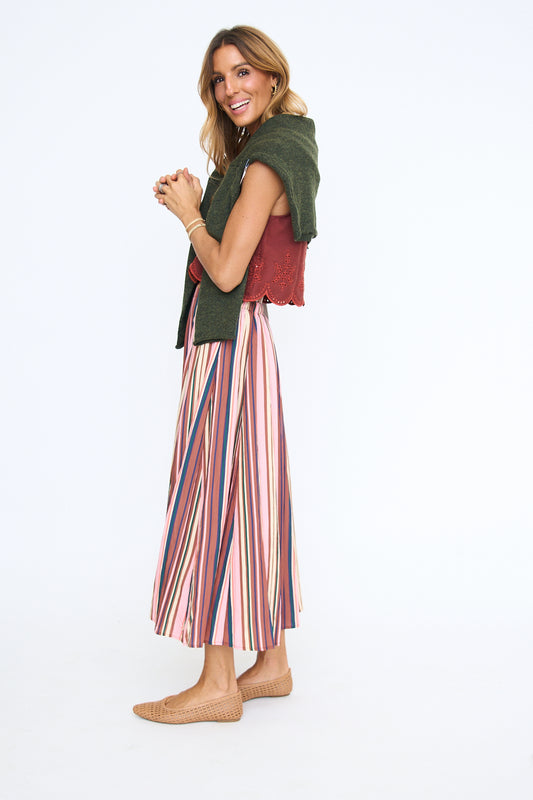 Multi Stripe Back Elastic Waistband Midi Skirt