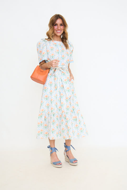 Ruffled Shoulder Floral Midi Dress with Ric Rac Detail