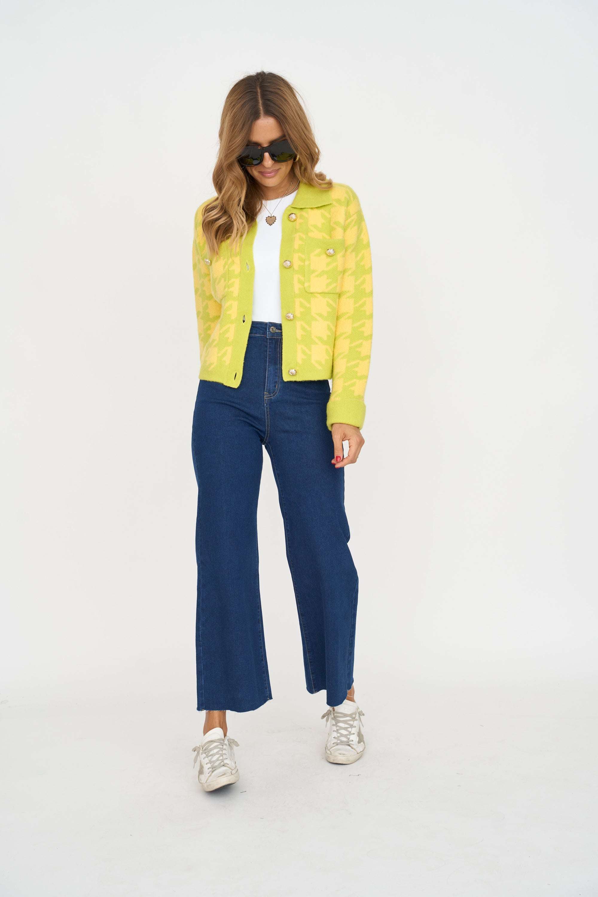 Houndstooth Cardigan Lime/Yellow