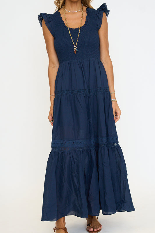 Navy Smocked Bodice Tiered Dress