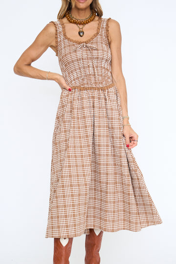 Smocked Lace Insert Midi Dress