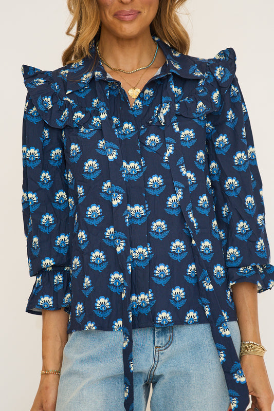Floral Print Ruffle Yoke Detail Button Down Blouse