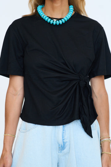 Short Sleeve Front Tie Round Neck Knit Top