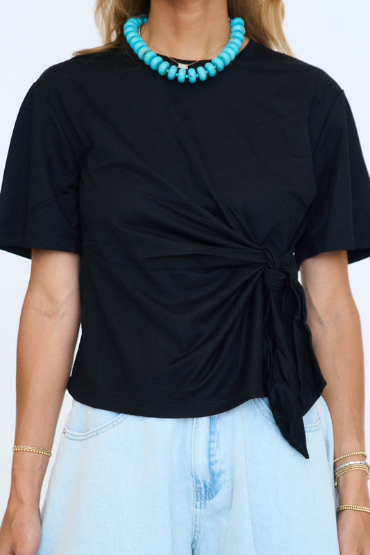 Short Sleeve Front Tie Round Neck Knit Top