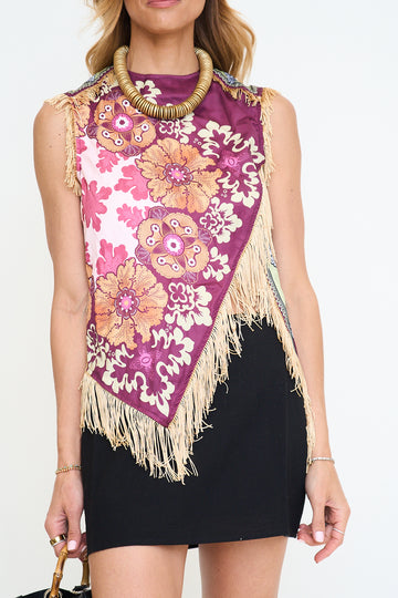 Scarf Floral Fringed Silk Top