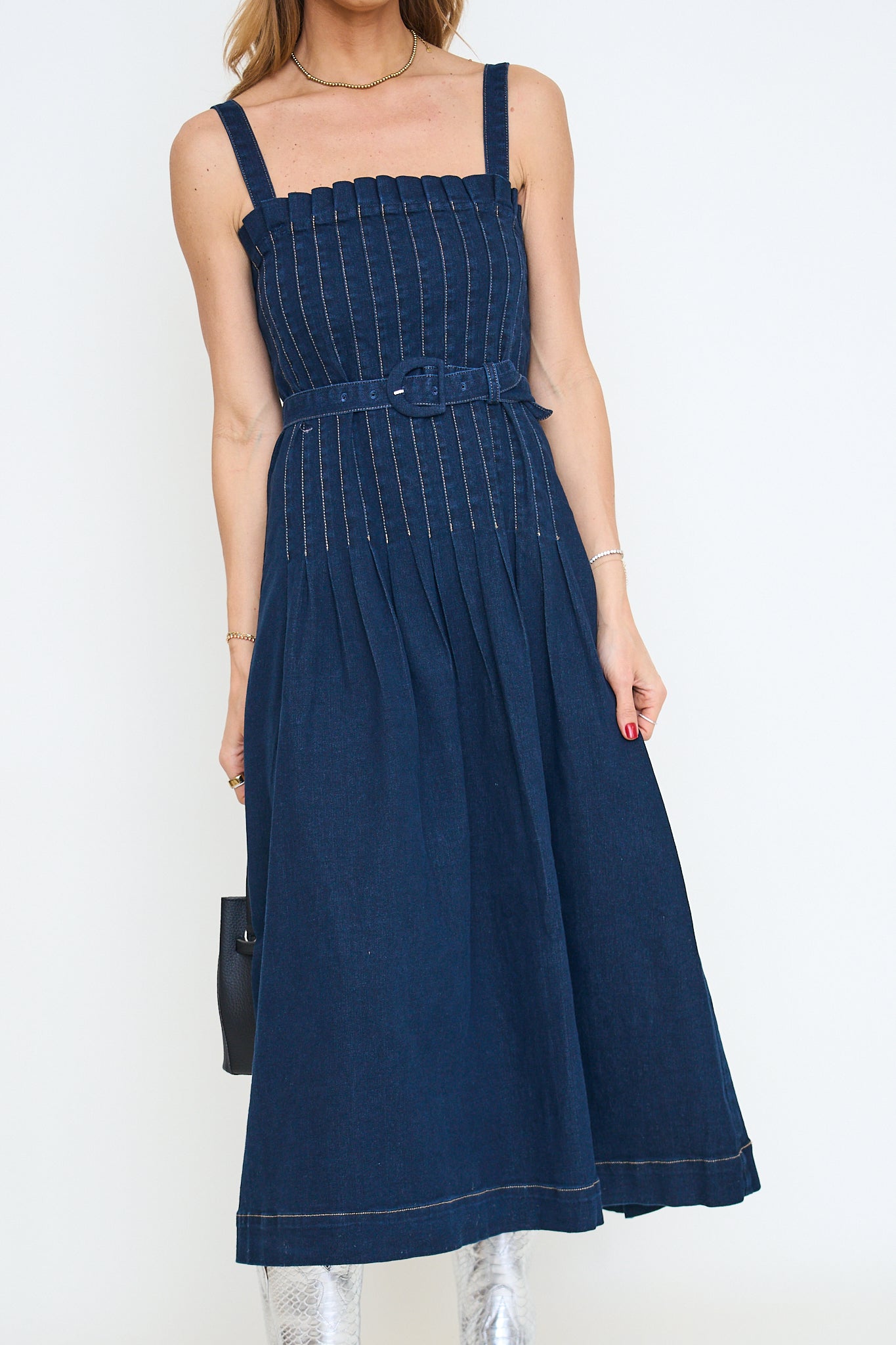 Spaghetti Strap Belted Denim Midi Dress – Lady Hart