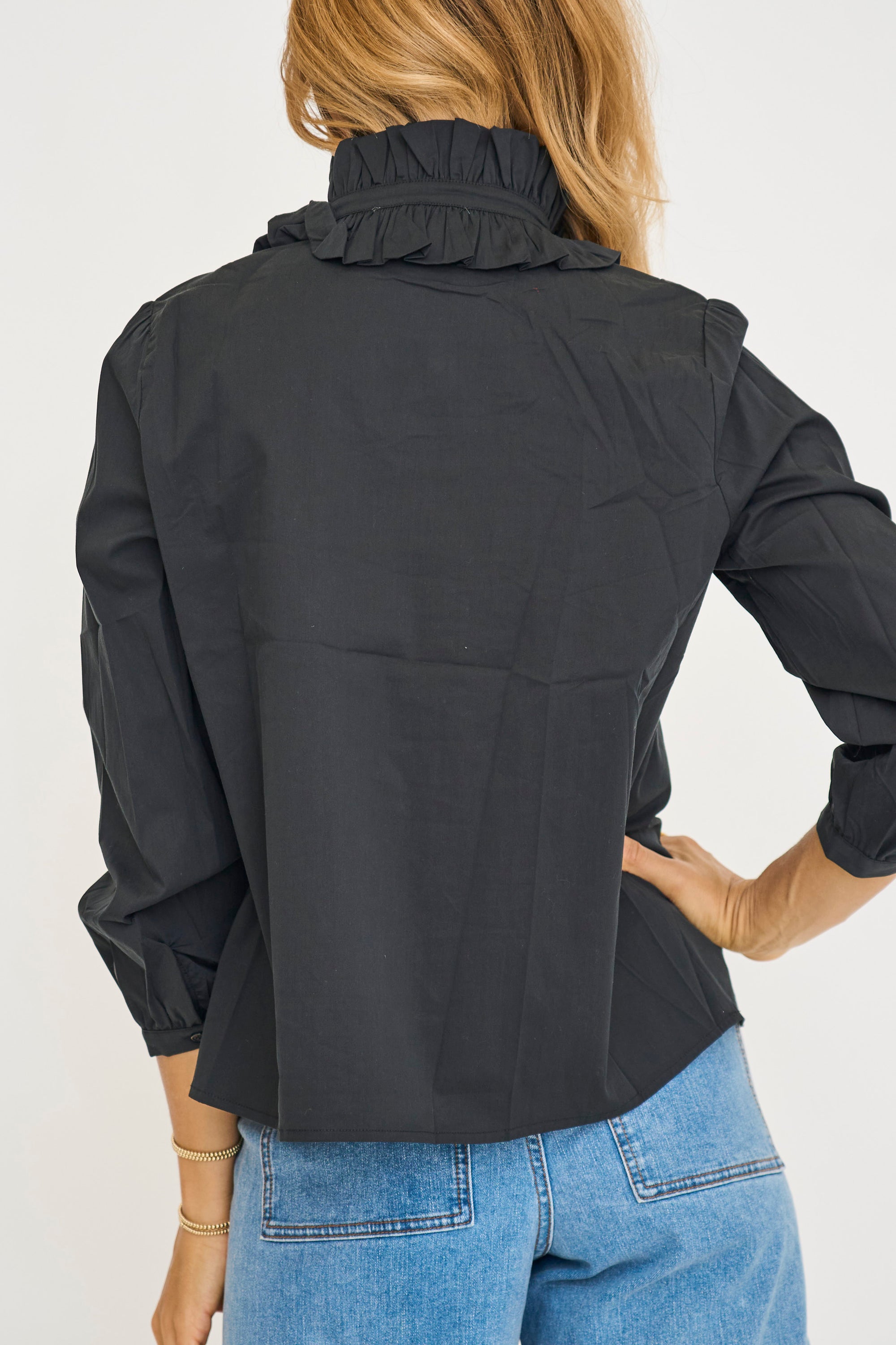 Solid Black Poplin Vneck Blouse