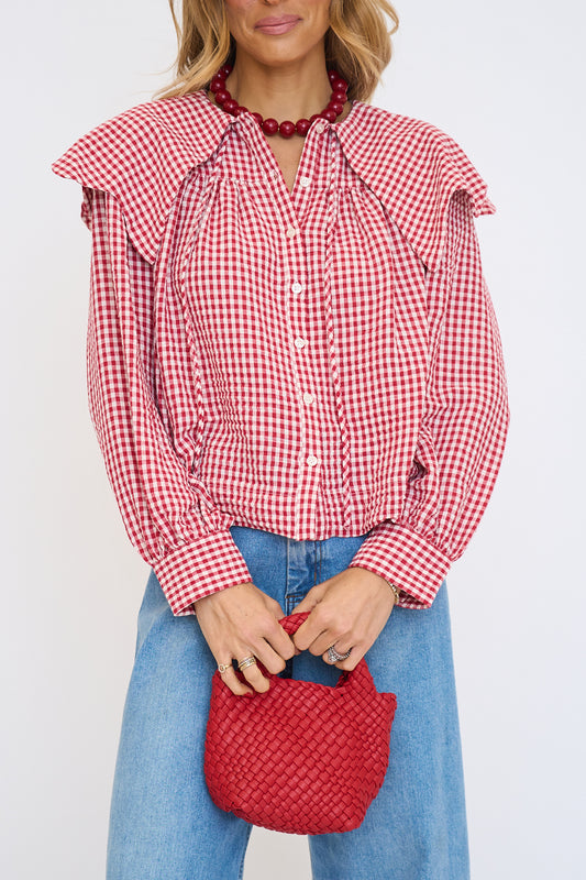 Gingham Poplin Peter Pan Collar Top