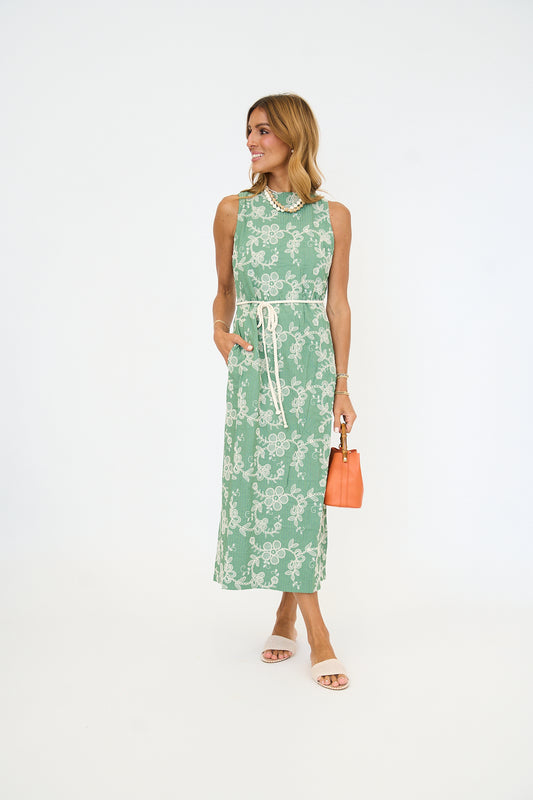 Embroidered Striped Sleeveless Midi Cord Tie