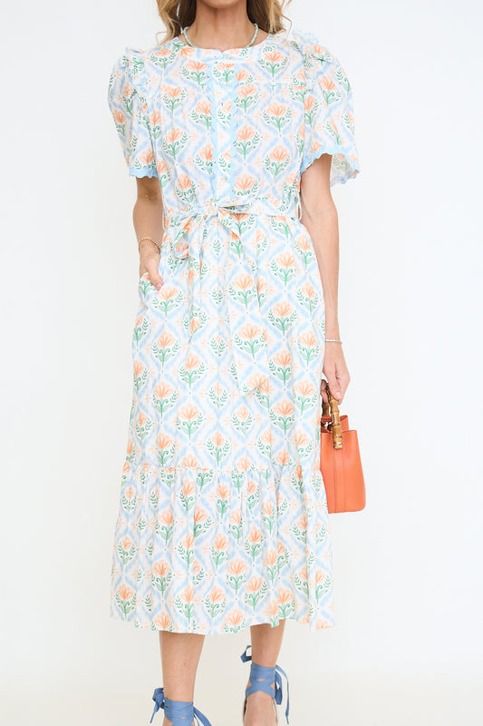 Ruffled Shoulder Floral Midi Dress with Ric Rac Detail