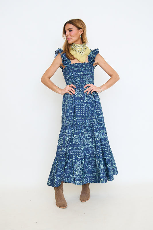 Bandana Print Cotton Smocked Tiered Ruffle Midi Dress