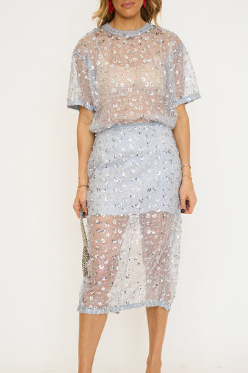 Sheer Floral Sequin Skirt Set
