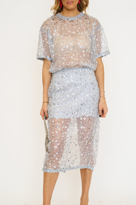 Sheer Floral Sequin Skirt Set
