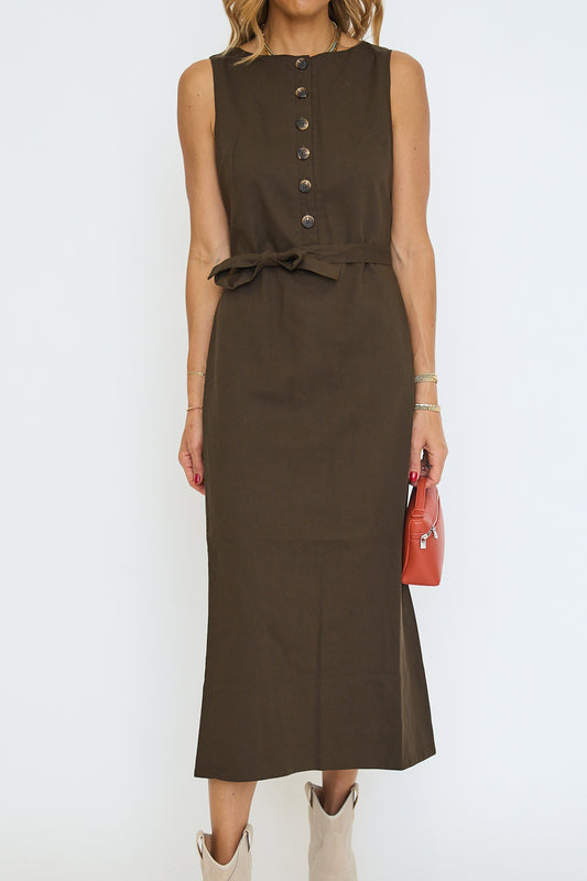 Boat Neck Buttoned Midi Dress