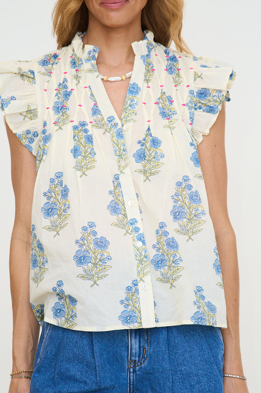 Yellow Flutter Sleeve Floral Pattern Top