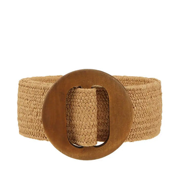 Elastic Straw Belt with Wood Buckle Accent