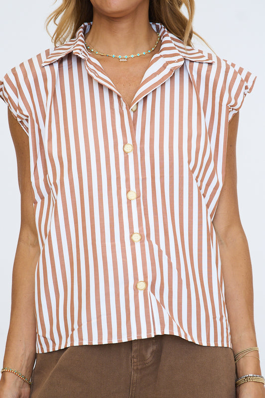 Stripe Bubble Sleeve Button Up Top