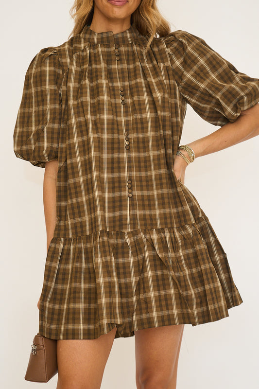 Plaid Mock Neck Button Front Mini Dress