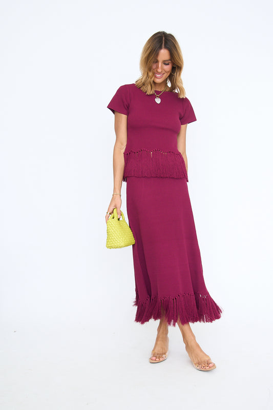 Fringe Hem Knit Midi Skirt
