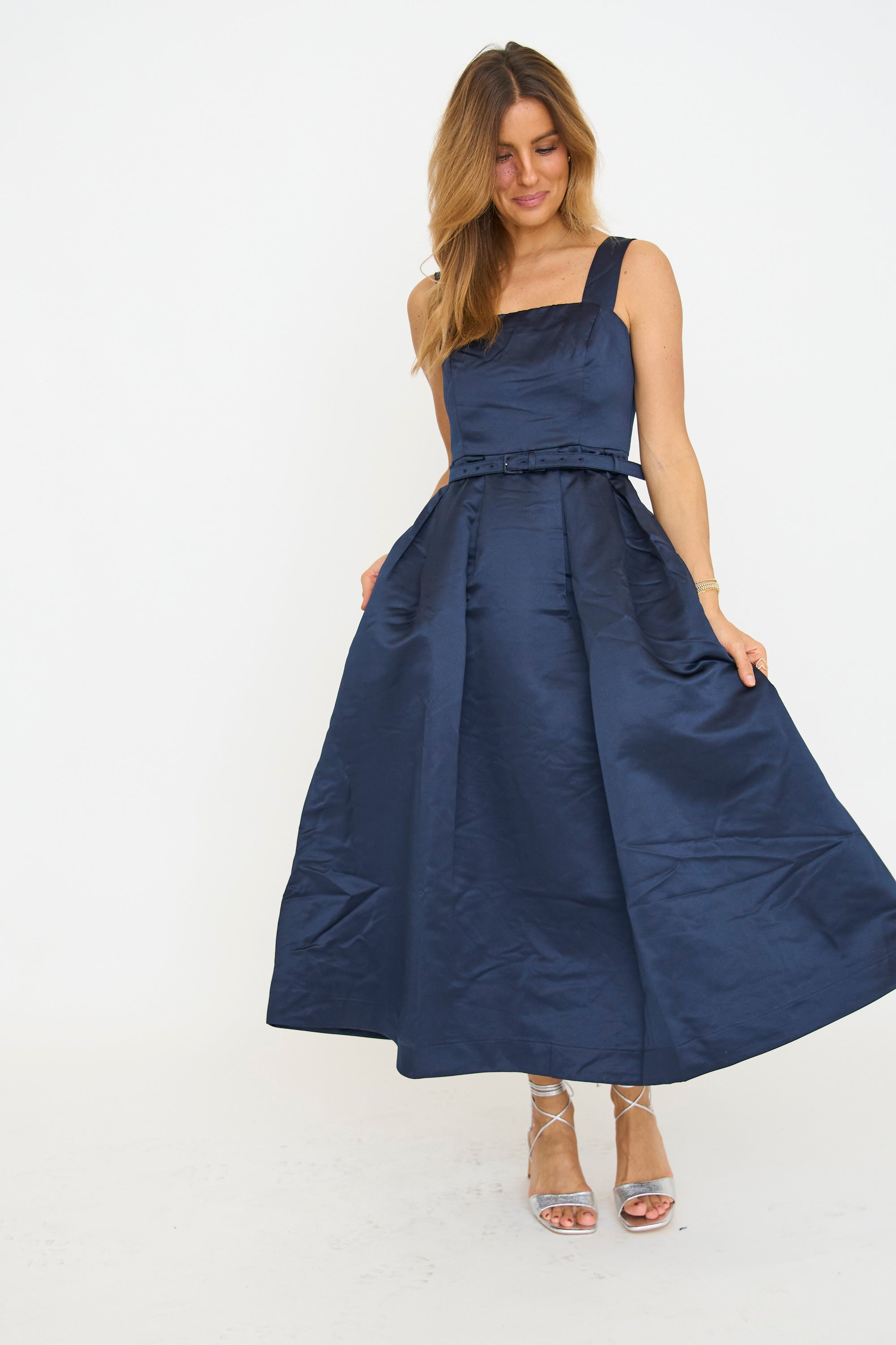 Satin Belted Midi Dress