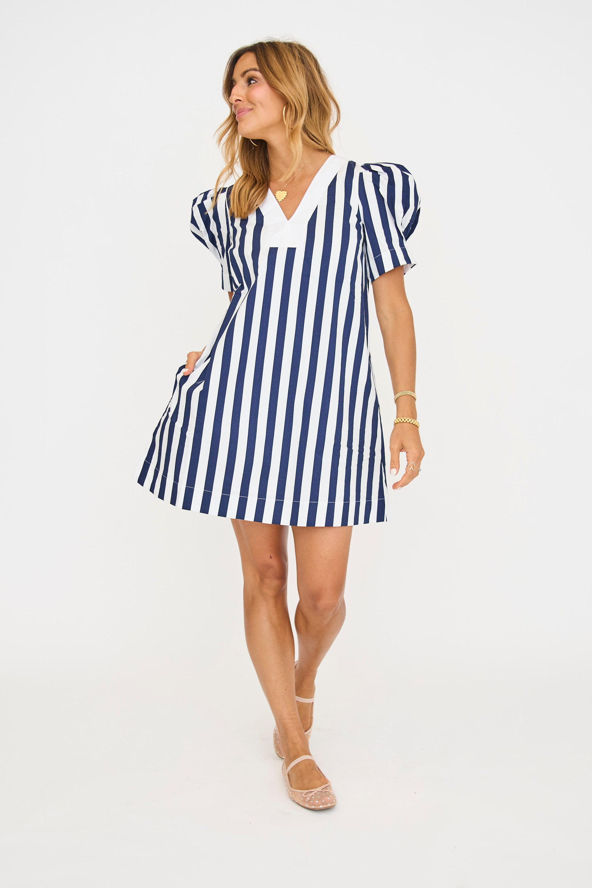 Navy/White Puffy Sleeve Mini Dress