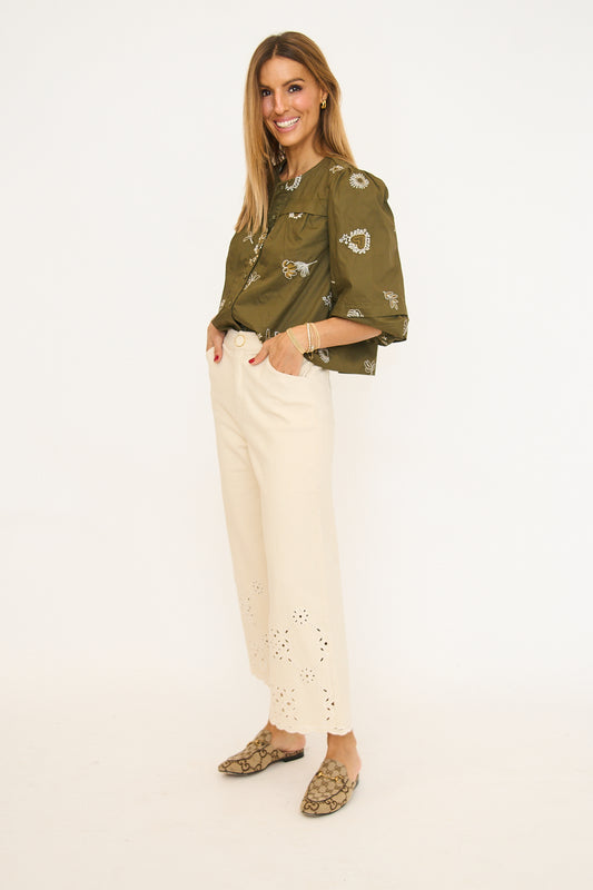 Liliane 3/4" Bubble Sleeve Button down Top - Olive