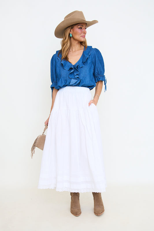 Denim Pleated Ruffle Blouse with Puff Sleeves